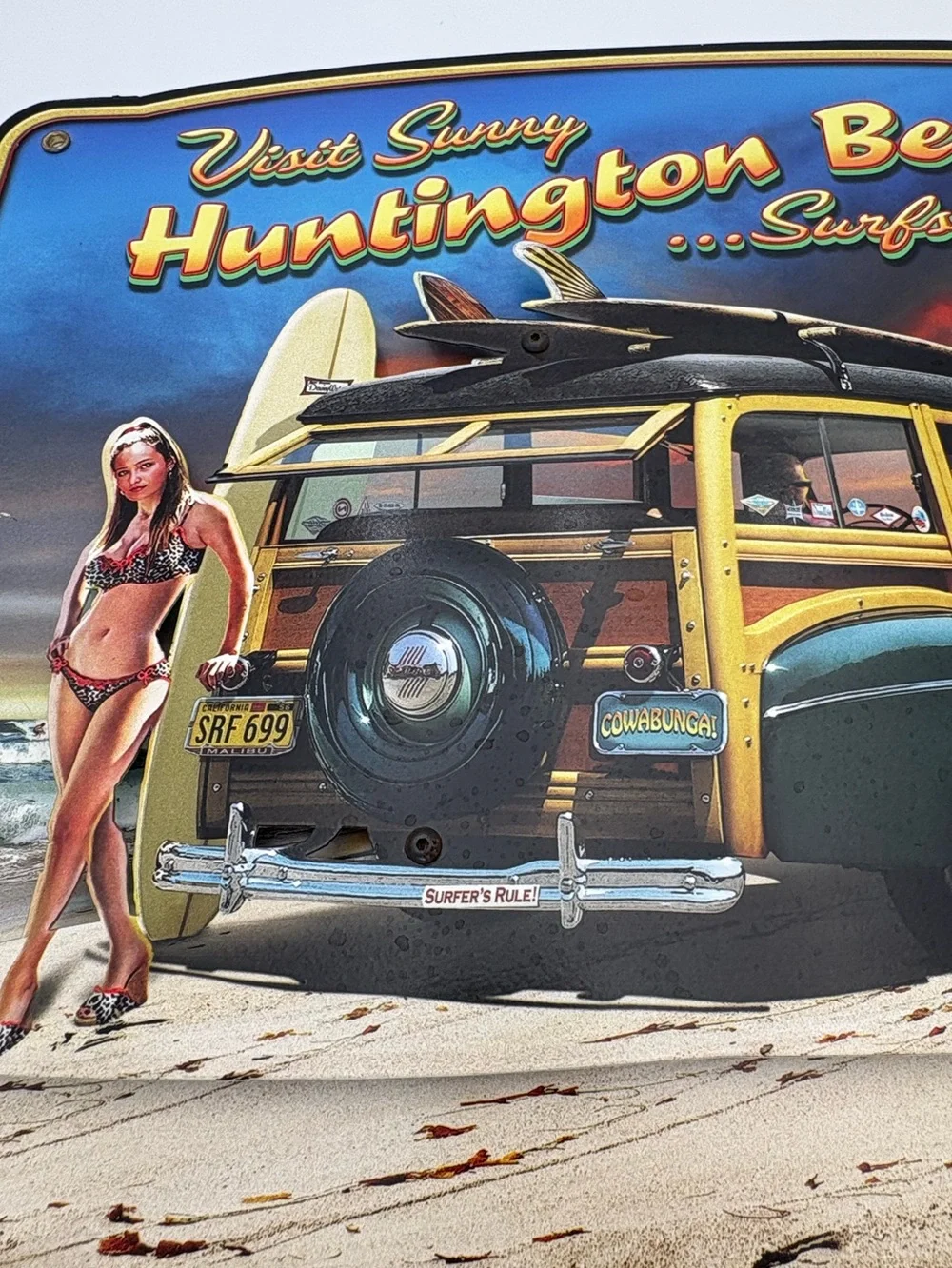 3-D Visit Sunny Huntington Beach Surfs Up Metal Sign - Woody Surfboard Art Print